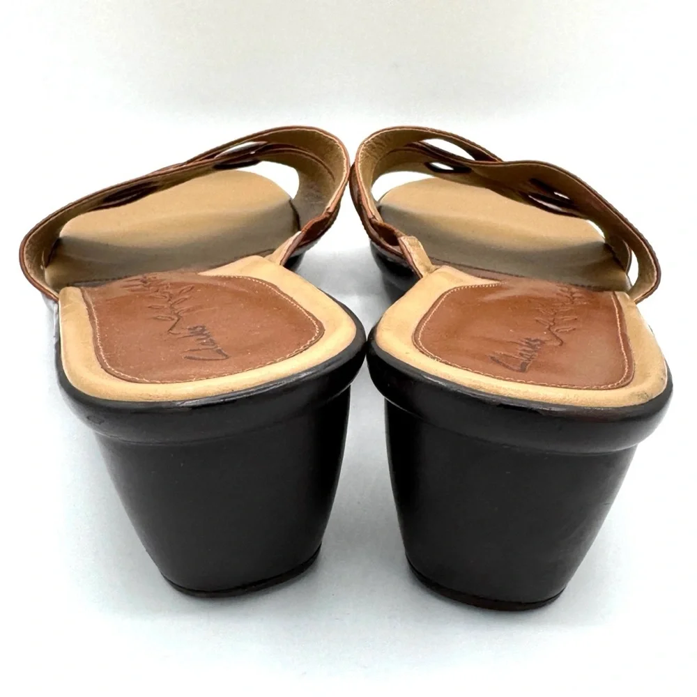 CLARKS Brown Woven Leather Cross Strap Slide Sandals Notched Wedge Heel Size 11